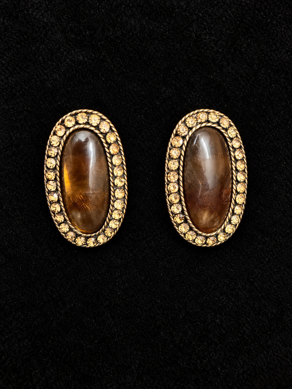 ⚜️ Austrian Crystal Clip-Ons | Tiger's Eye Oval | Amber Rhinestone Gold 💗